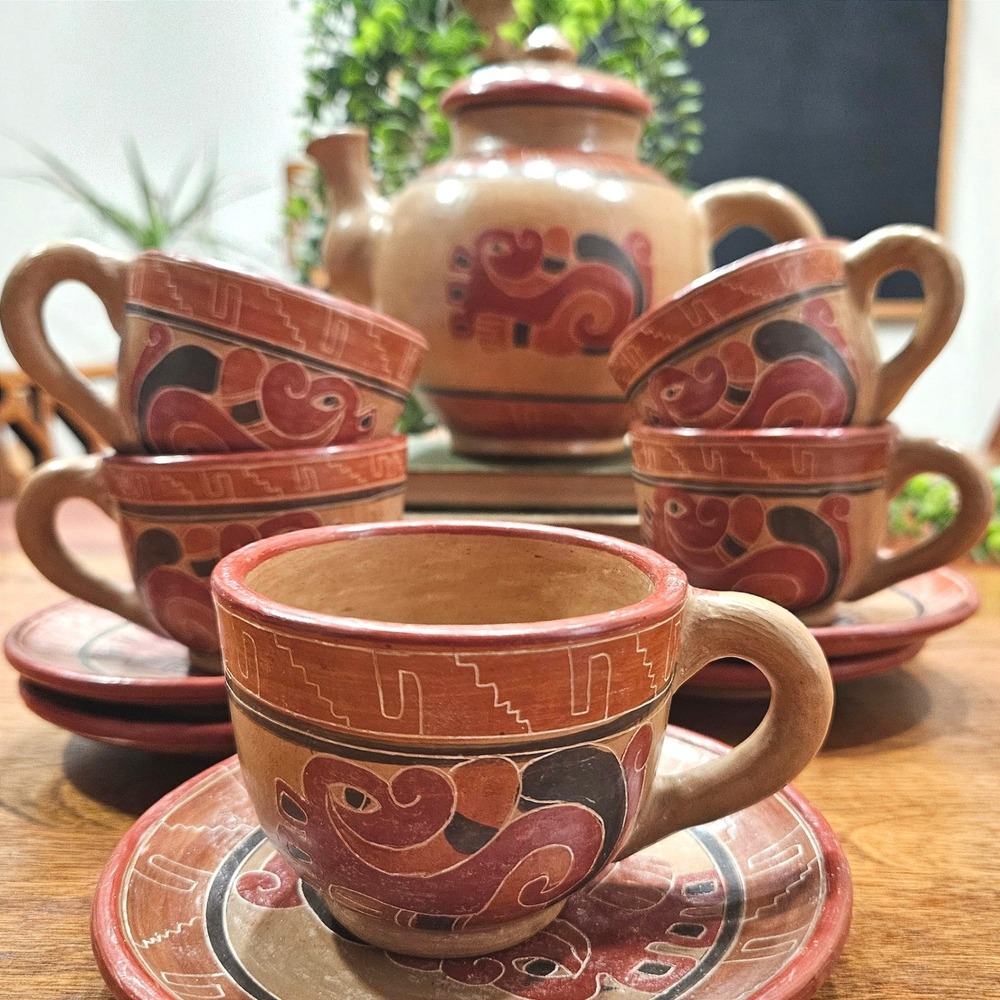 Vintage Peruvian Pottery Tea Set Hand Painted Teapot 5 Cups 5 Saucers Folk Art